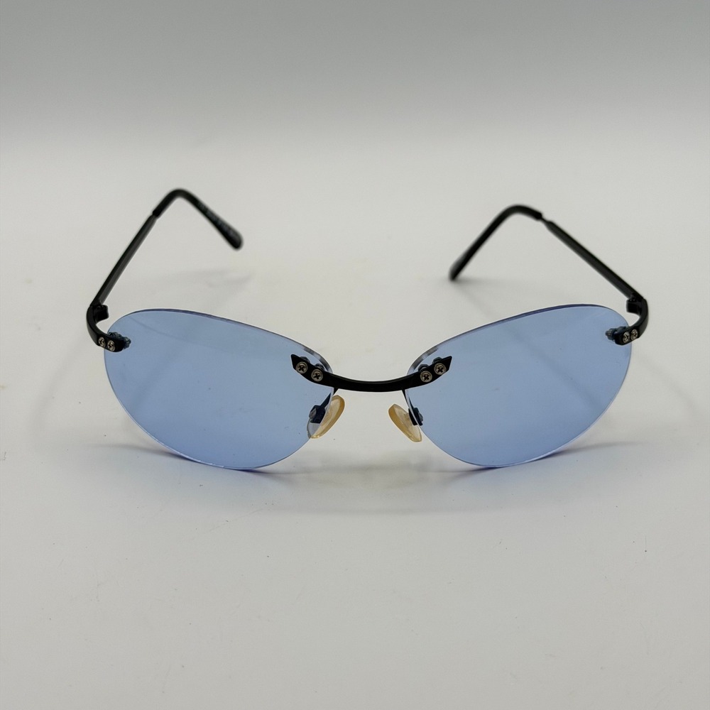 Deziner Y2K Style Blue Rimless Sunglasses Oval Lens Italy Design Matrix Cyber